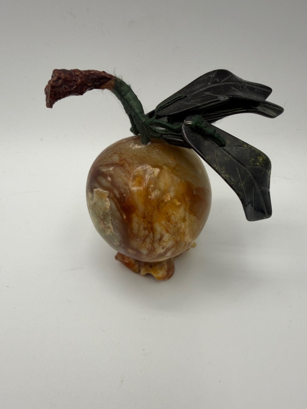 Decorative Marble Apple Sculpture with Dark Green Leaves